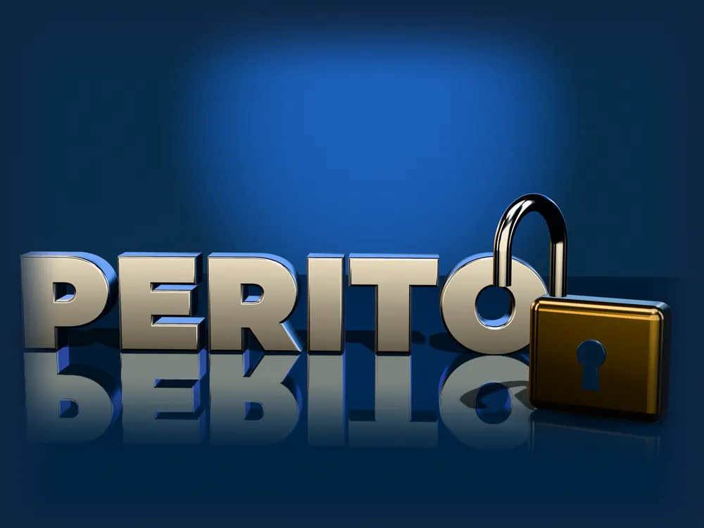 Candado dorado abierto delante de la palabra PERITO en 3D