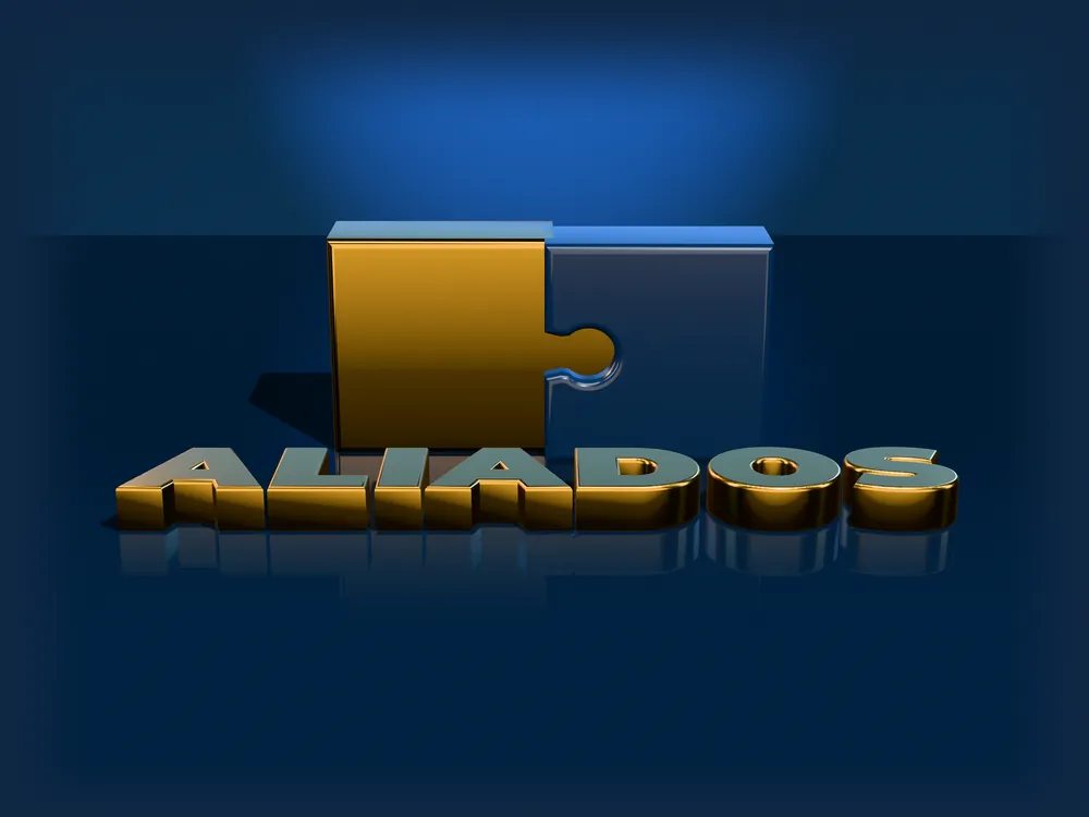 Dos piezas de rompecabezas que encajan y la palabra ALIADOS en letras doradas en 3D