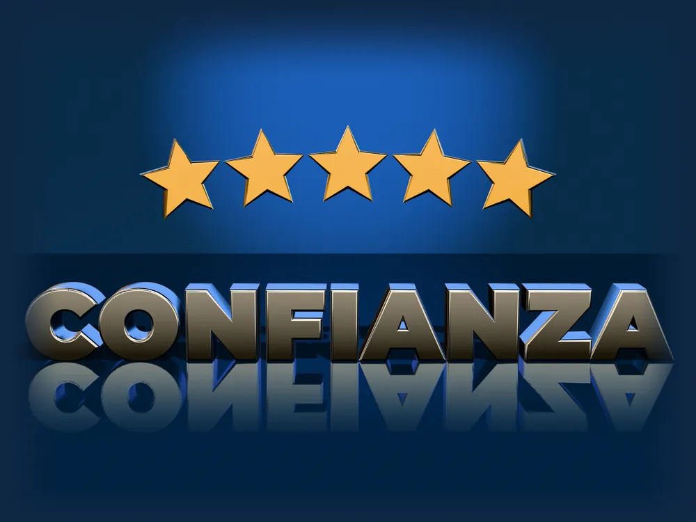 Cinco estrellas doradas sobre la palabra CONFIANZA en 3D